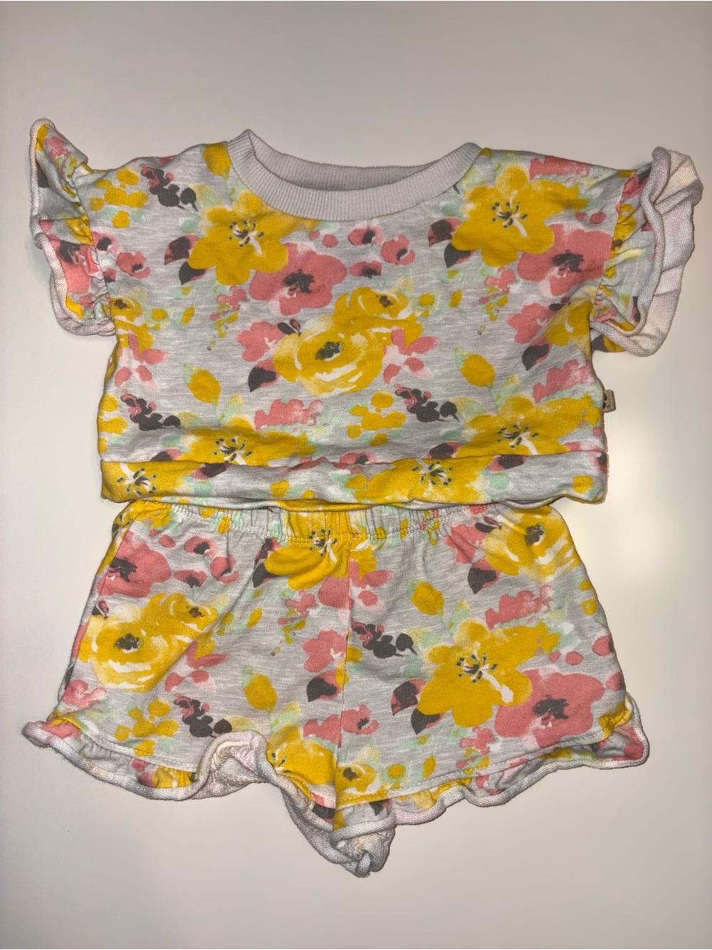 BearPaw Girls Two-Piece Floral Ruffle Top & Shorts - Yellow Pink 2T